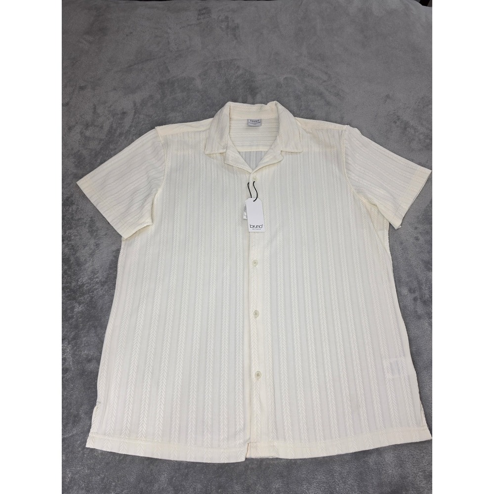 Bruno Milano Mens Off White Textured Chevron Stripe Short Sleeve Camp Shirt L